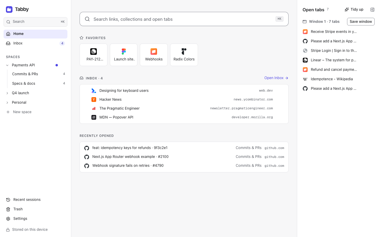Tabby's new tab page: spaces with their collections, favorites, Inbox and recently opened links, next to this window's open tabs