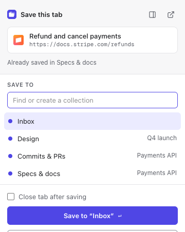 Toolbar popup saving the current tab to a collection