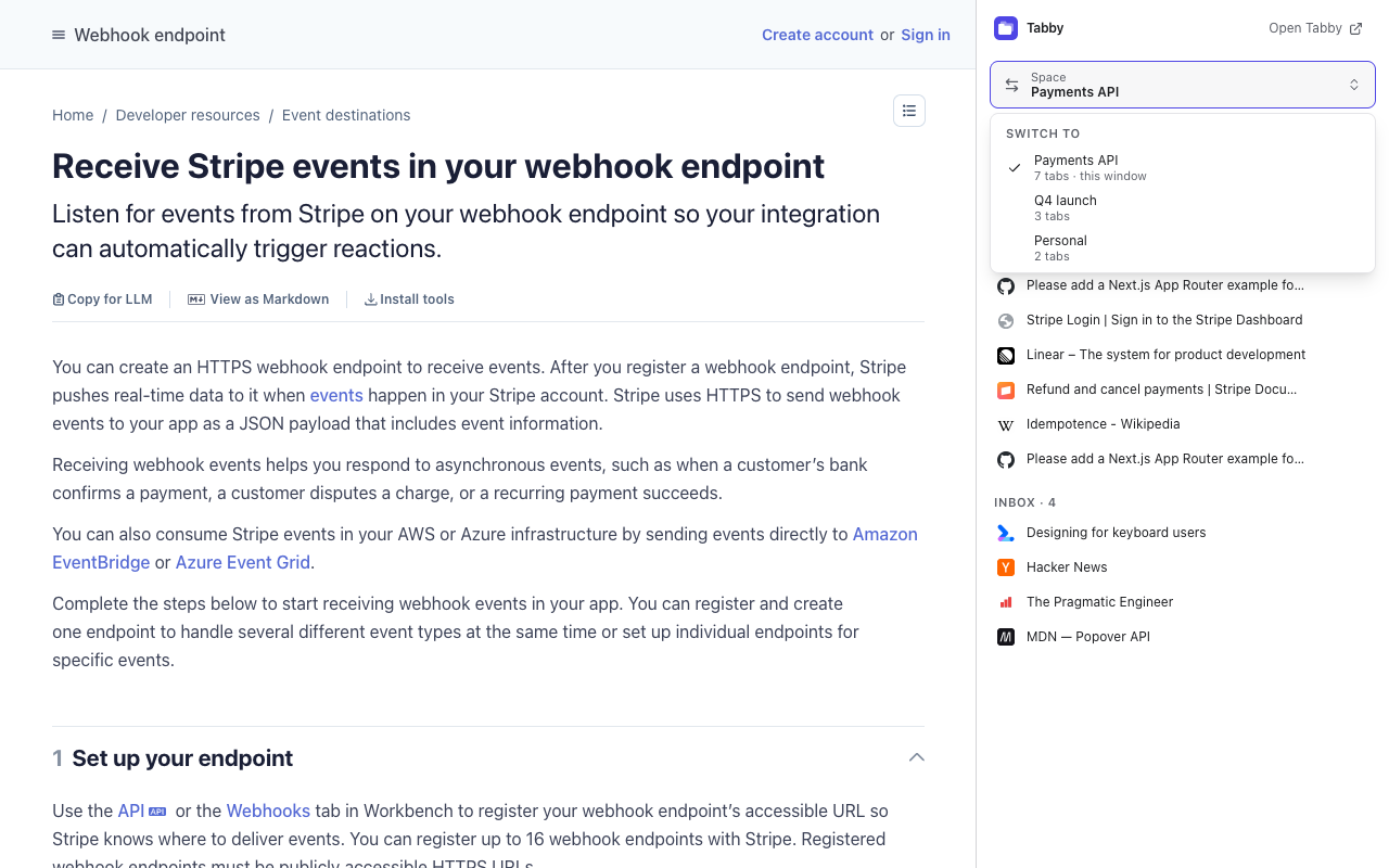 Side panel next to a web page, with the space menu open: Payments API in this window, Q4 launch and Personal